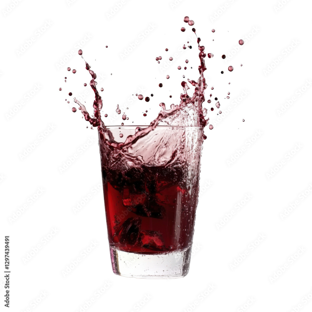 Poster refreshing red cocktail with ice cubes splashing in a glass on a transparent background concept of s
