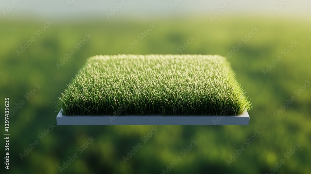 Poster floating 3d tile with futuristic grass texture in a natural setting