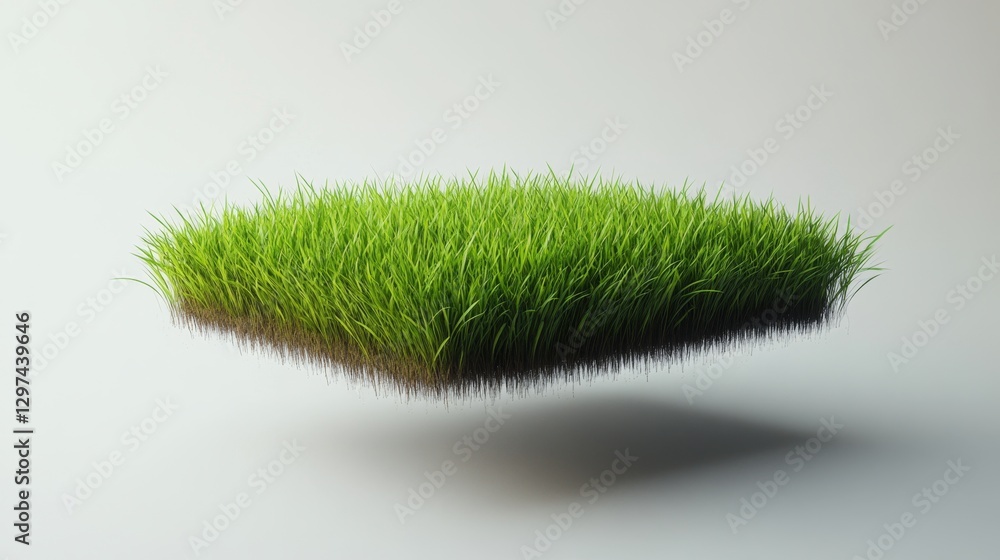 Poster futuristic floating grass tile in sharp detail on a minimal background