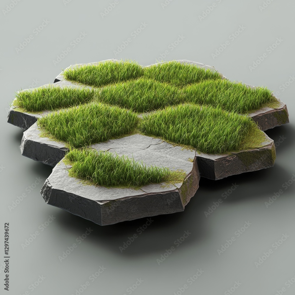 Poster green hexagonal lawn segment rendered on floating surface