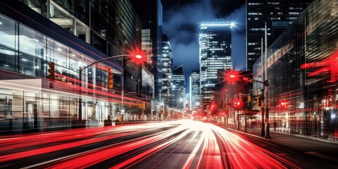 Obraz premium Light trails through city streets at night. Urban activity, skyscrapers. Transport