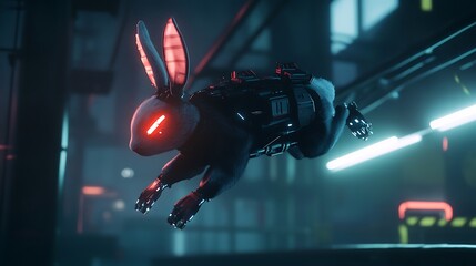 Cyberpunk style rabbit in futuristic city environment, glowing red eyes, dark color scheme, neon lights background, pixel art style, detailed texture, 3D render