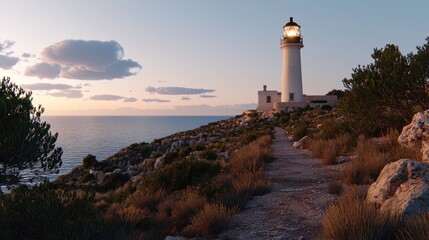 Naklejka premium Serene lighthouse at dusk illuminating the coastal path with gentle waves in the background