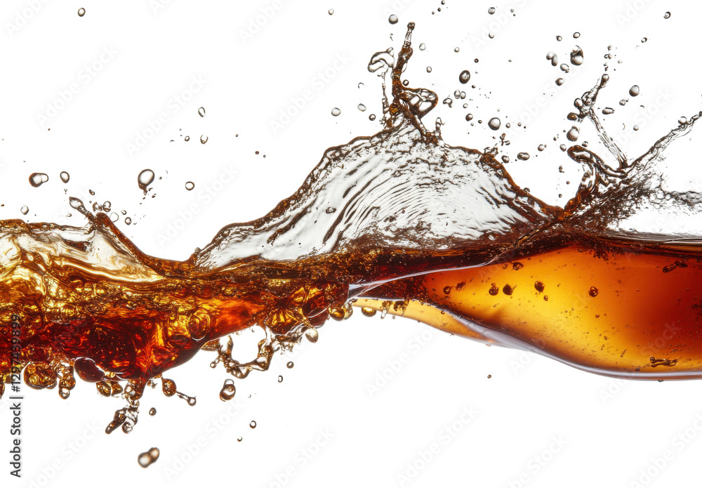 Poster refreshing cola splash with dynamic liquid movement on a transparent background concept of beverage,