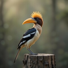 Majestic Rufous necked Hornbill Perched on Tree Stump in Natural Habitat