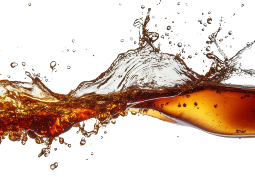 Refreshing cola splash with dynamic liquid movement on a transparent background Concept of beverage, refreshment, and fizzy drink