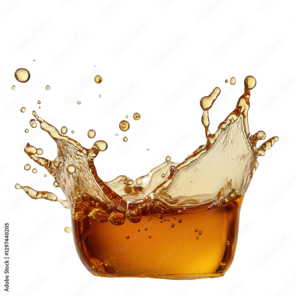 Poster golden liquid splash with droplets on transparent background dynamic shot of splashing fluid, concep