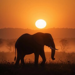 Fototapeta premium Majestic African Elephant Silhouette at Sunset Wildlife Safari Savanna Landscape
