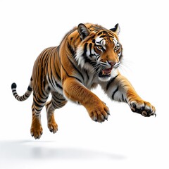 Naklejka premium Powerful Bengal Tiger Leaping Dynamic Action Shot Wildlife Photography Isolated on White Background