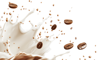 Coffee beans splashing into milk on a transparent background, creating a dynamic and energetic scene Concept of coffee drink, breakfast, and refreshment