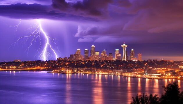 Lightning over a cityscape. Water reflecting city lights under a dramatic sky. Use Travel promotion