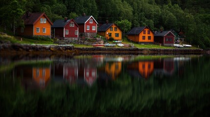 Obraz premium Colorful houses reflecting in calm water surrounded by lush greenery in a serene landscape