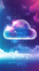 Cloud design with vibrant colors and cosmic elements creating a digital atmosphere in a futuristic setting