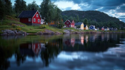 Obraz premium Tranquil lakeside scene with colorful houses reflecting on water under a cloudy sky