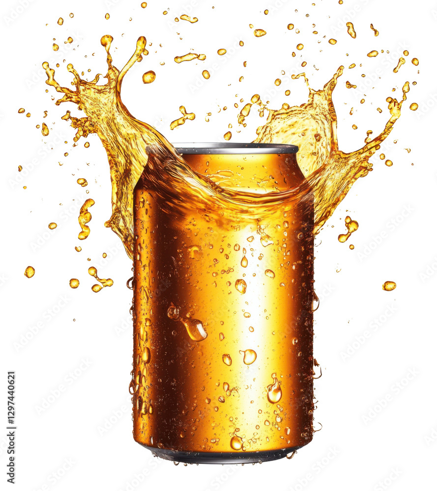 Aufkleber refreshing golden drink can with dynamic splash on a transparent background concept of beverage, ref