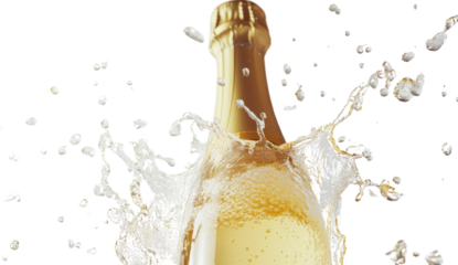 Exploding champagne bottle with golden foil and splashing liquid on a transparent background Concept of celebration, success, new years eve, and festive occasion