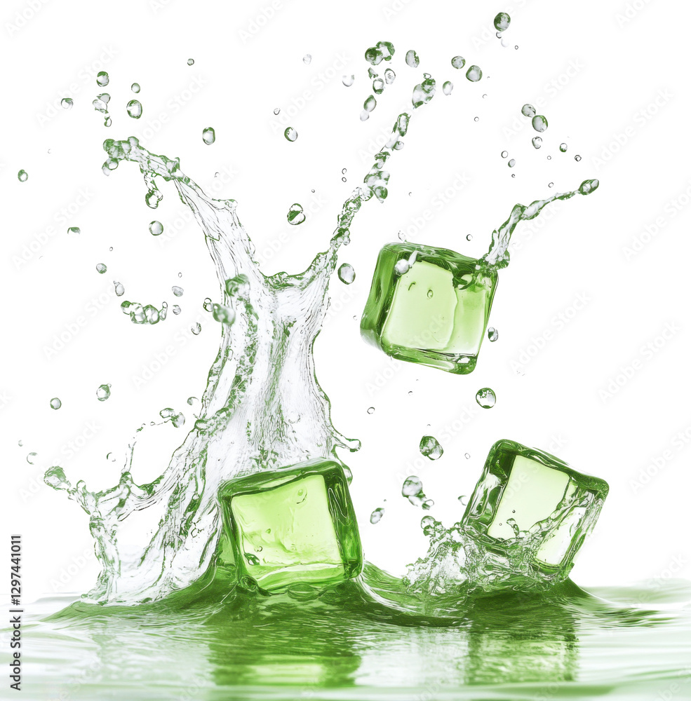 Poster green ice cubes splashing into water with dynamic splash on a transparent background concept of fres