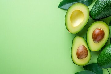 Sliced avocados and green leaves arranged on a solid green color background