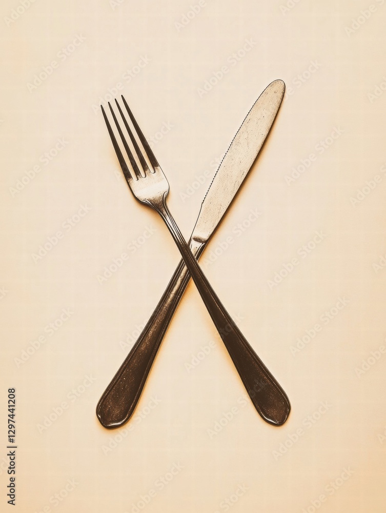 Poster fork and knife crossing on a minimalistic background showcasing culinary elegance at mealtime settin