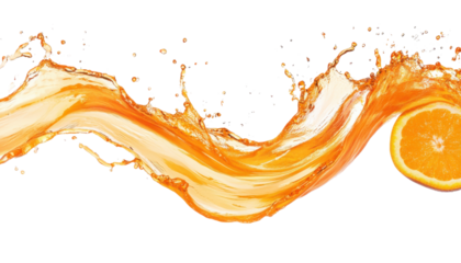 Refreshing orange juice splash with half orange on a transparent background Concept of healthy drink, vitamin C, and vibrant citrus beverage