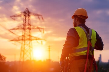 A power worker gazing at a tall transmission tower at sunset