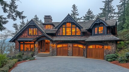 Luxurious log home at dusk with illuminated windows