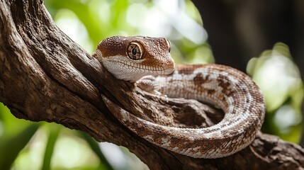Obraz premium A brown and white patterned snake resting on a twisted tree branch with lush green foliage in the background, evoking a sense of calmness and tranquility