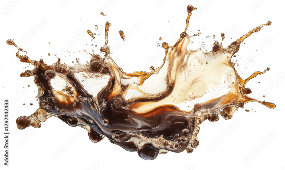 Poster dynamic coffee splash with droplets and ripples on a transparent background concept of refreshment, 
