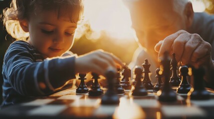 A young child and older adult play a game of chess together at sunset, bathed in warm golden light.