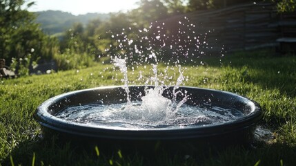 Water splashing into a dark round basin outdoors in a lush green setting.