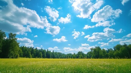 Serene Tranquil Scenic Landscape Meadow Blue Sky Panorama