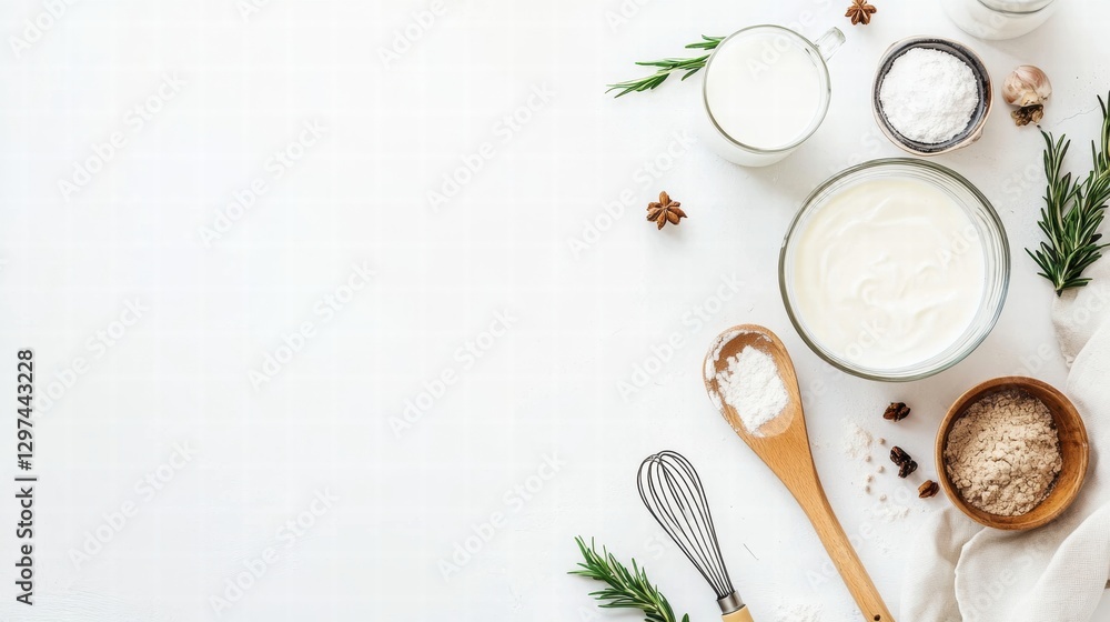 Poster culinary preparation with various dairy ingredients and spices on clean kitchen countertop. generati
