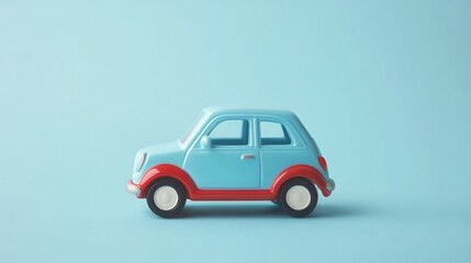 Light blue toy car with red trim on a light blue background.