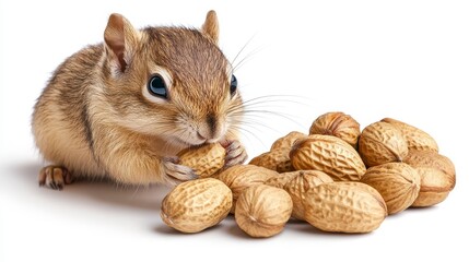 Small Brown Chipmunk Eating Peanuts on White Background