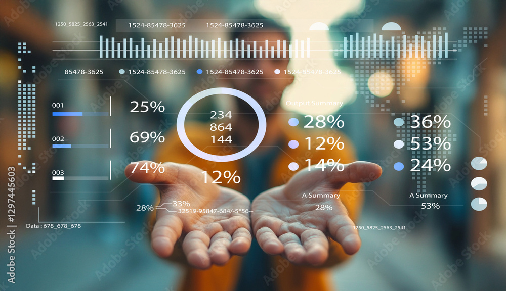 Poster professional man presenting digital data insights with futuristic analytics display in a modern urba