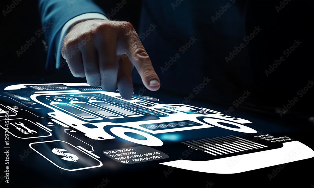 Poster interactive digital interface showcasing vehicle data analysis with a human hand navigating futurist