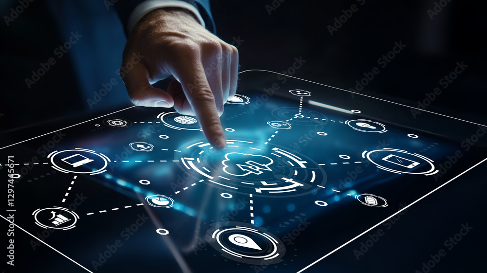 Poster futuristic technology interface with hand touching digital screen representing network and cloud con