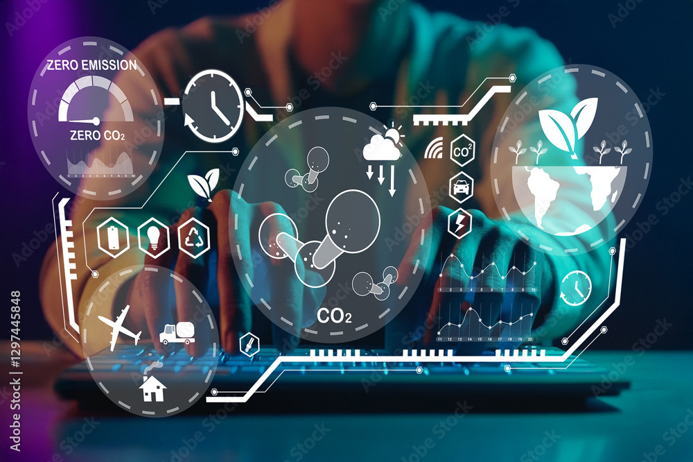 Poster person typing on keyboard with digital footprint and environmental icons representing zero emission 