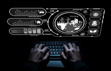 Futuristic Technology Interface Showcasing Data Analytics for Renewable Energy with Keyboard in Dark Environment