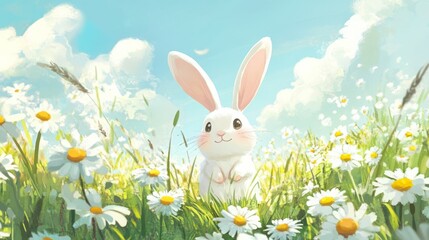 Adorable white bunny in a daisy field. Springtime joy!