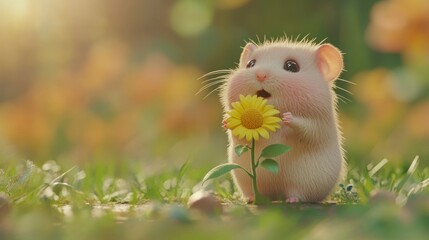 Fototapeta premium Adorable hamster holding a sunflower in a field.