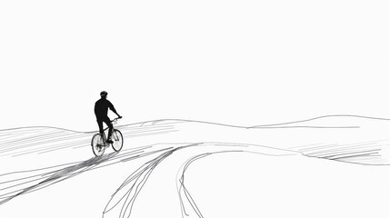 Fototapeta premium Minimalist continuous line drawing of a cyclist riding on a winding path, with smooth flowing lines representing movement and journey. Black and white line art illustration