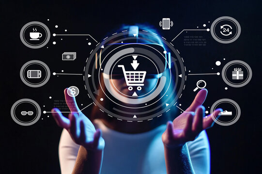 Hands Reaching Towards Digital Shopping Cart Interface with E-commerce Icons Representing Modern Online Retail Experience - Powered by Adobe