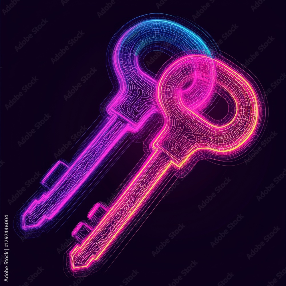 Poster digital keys unlocking potential in a cyberpunk world futuristic setting graphic design neon environ