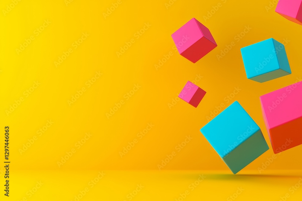 Poster dynamic cubes in mid-air colorful abstract art studio setting vibrant environment top-down perspecti