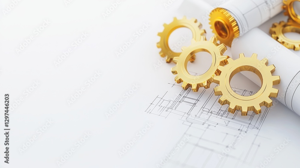 Poster engineering design process golden gears on blueprint workshop visual representation close-up innovat