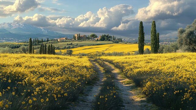 Lush Rapeseed Field and Bright Yellow Flowers in Emilia Romagna Italy for Tranquil Nature Landscape Designs