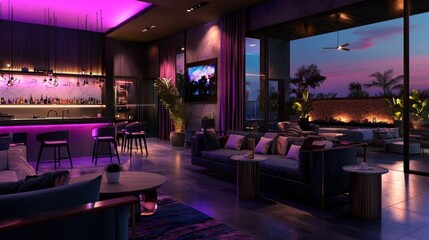 Modern lounge with vibrant purple lighting, bar area, and sunset view over cityscape