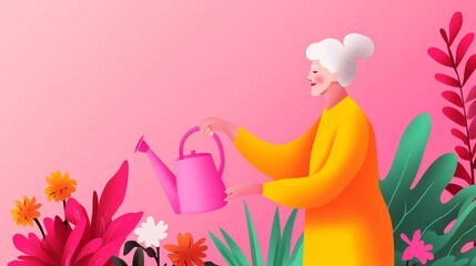 Joyful senior woman watering colorful flowers in a vibrant garden cheerful atmosphere digital illustration