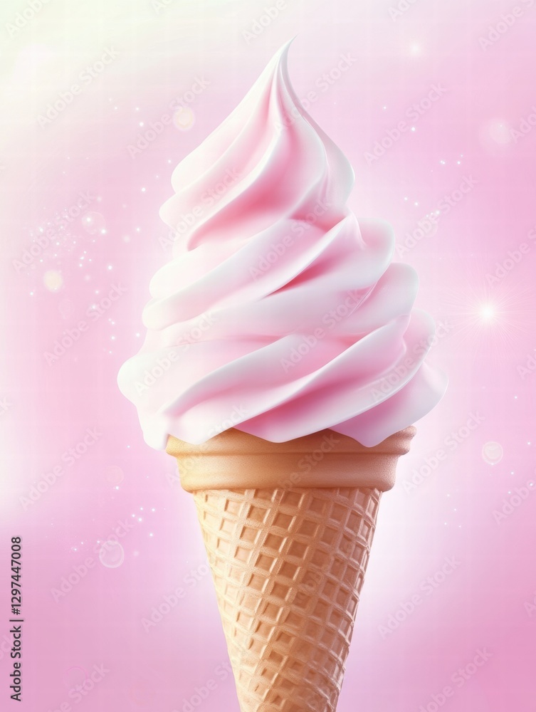 Poster Delicious soft serve ice cream in a cone with a pink swirl on a soft background. Generative AI
